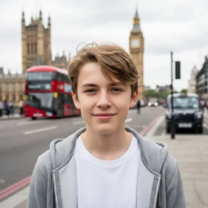 John Lindsay Stevenson, 13-year-old son of actor Robert Lindsay and TV presenter Rosemarie Ford, standing in London, wearing casual clothes, smiling softly.