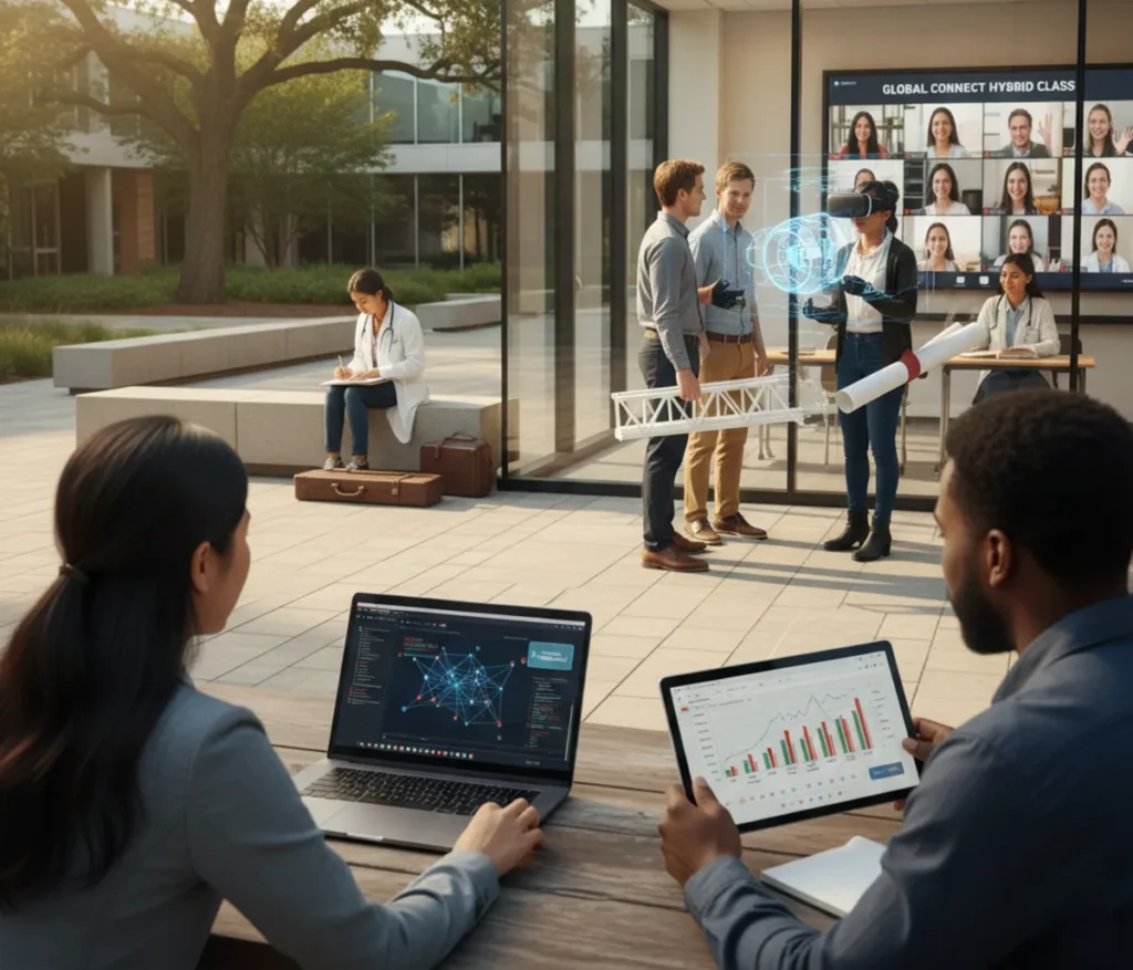 Students exploring popular college majors on a U.S. university campus with laptops and books, showing diverse career paths and future opportunities.