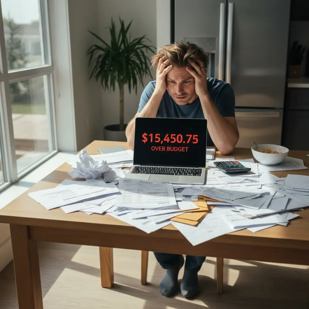 Person at a kitchen table in daylight looking stressed, surrounded by credit card bills, statements, and a laptop showing high expenses.