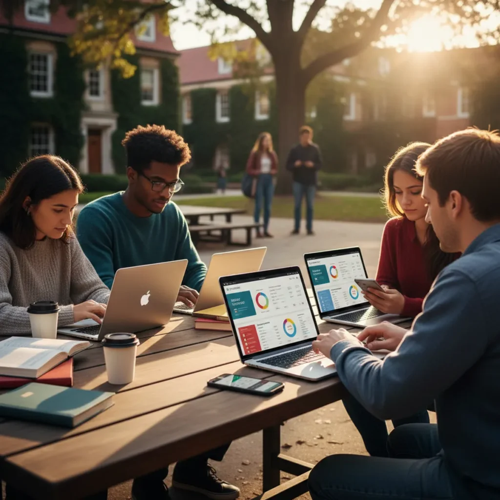 Diverse college students using finance apps to manage money on smartphones and laptops on a university campus in the USA.