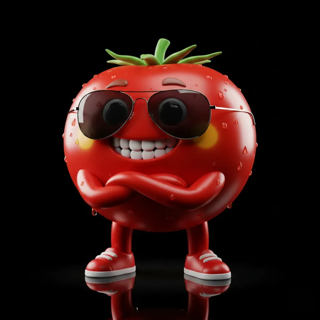 Funny cartoon tomato with a big smile and expressive eyes standing on a kitchen counter with other vegetables.