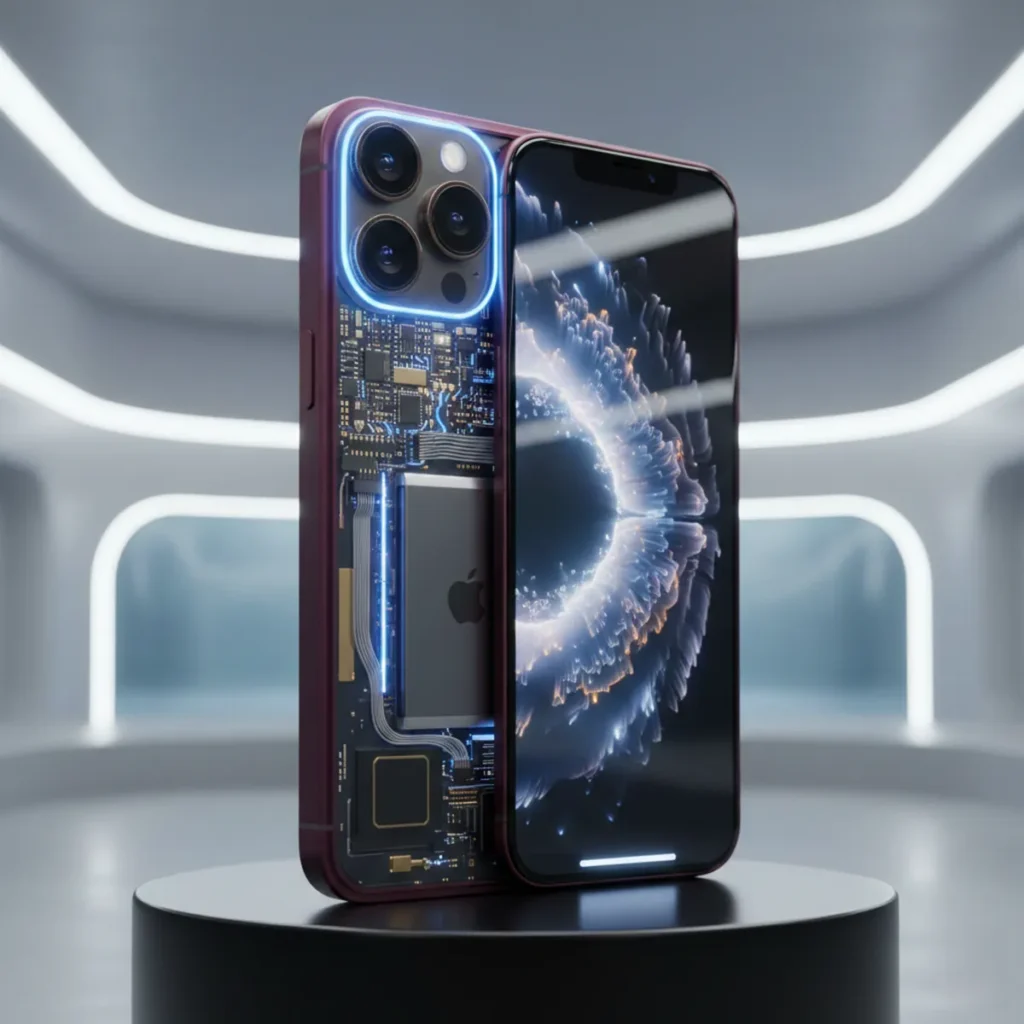 iPhone 18 Pro with triple-lens variable aperture camera, transparent back, under-screen Face ID, and edge-to-edge display in burgundy.