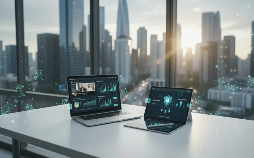 Professional workspace with a laptop and tablet showing online courses, data dashboards, and business strategy tools, with a city skyline in the background symbolizing career growth and opportunity.