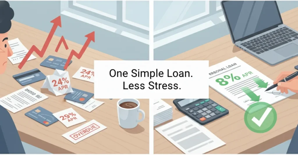 Illustration comparing high-interest credit card debt on the left with a simplified personal loan solution on the right, showing messy bills and rising rates versus organized documents, lower interest, and financial clarity.