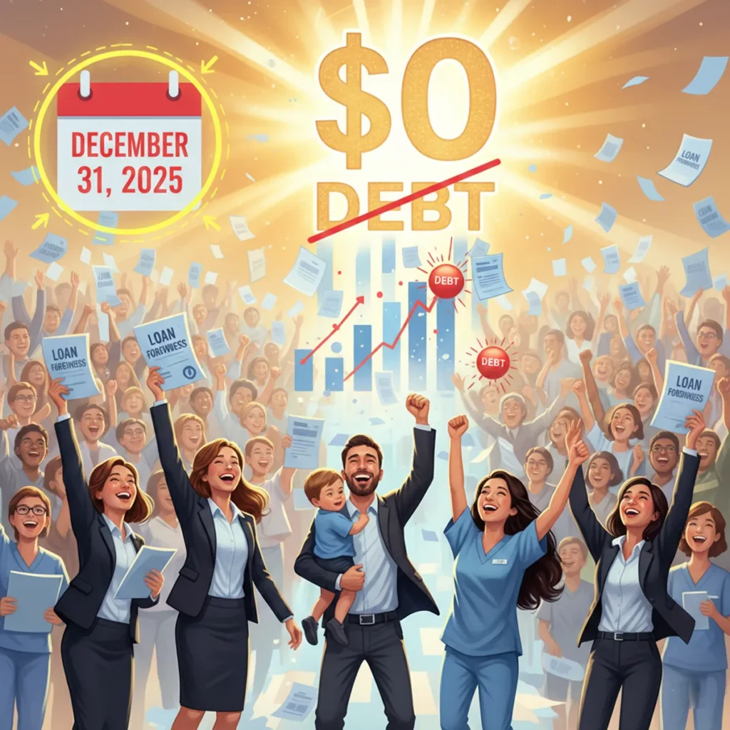 Diverse group of borrowers celebrating student loan forgiveness with paperwork and $0 debt sign