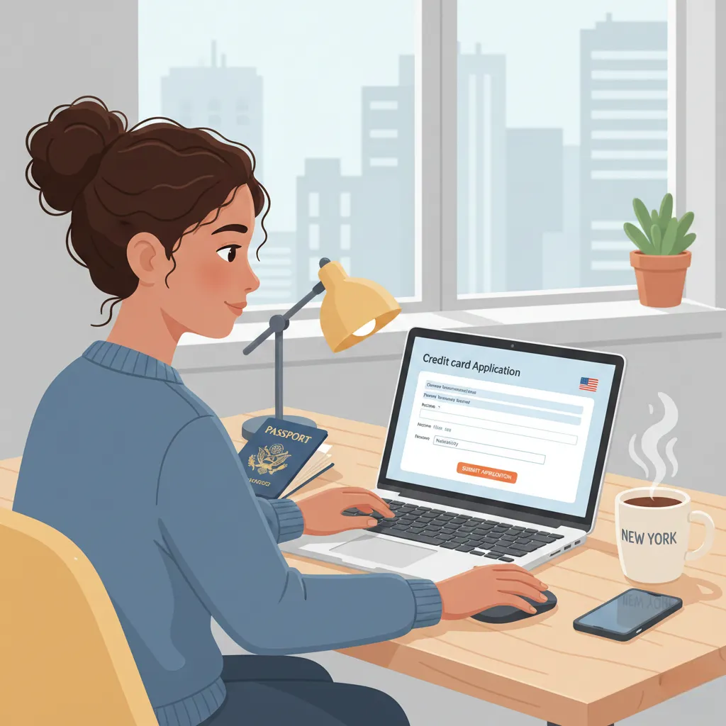 Person applying for a U.S. credit card online without Social Security Number, with passport and ITIN on desk.